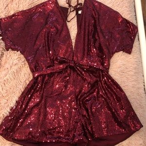 Showpo Deep V Wine (Red) Sequin Romper/Playsuit